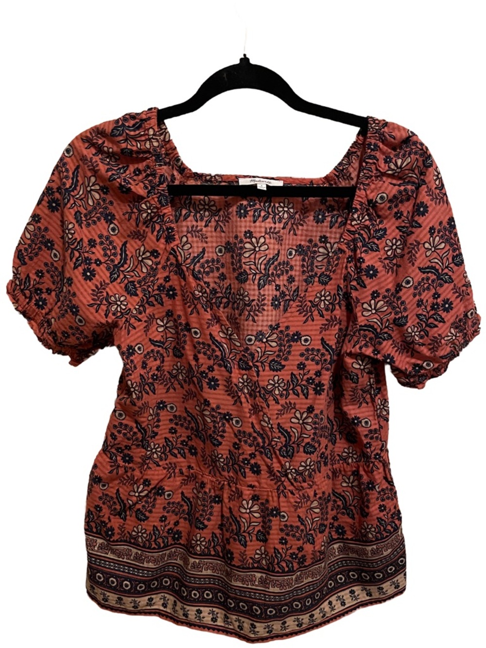 Madewell Womens Floral Faux Wrap Peplum Puff Short Sleeve Blouse Rust Size Small